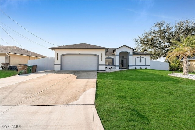 single story home featuring a garage and a front lawn