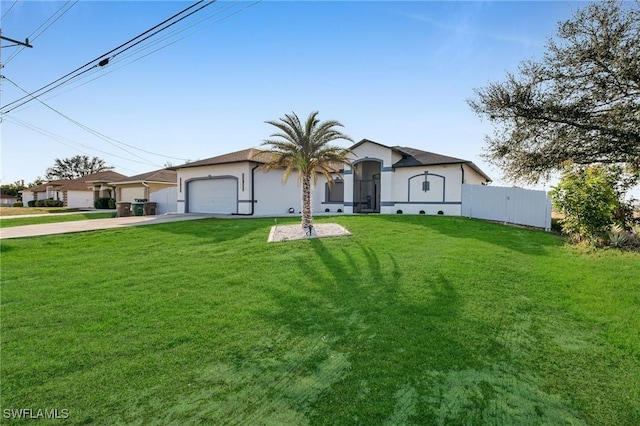 single story home with a garage and a front lawn