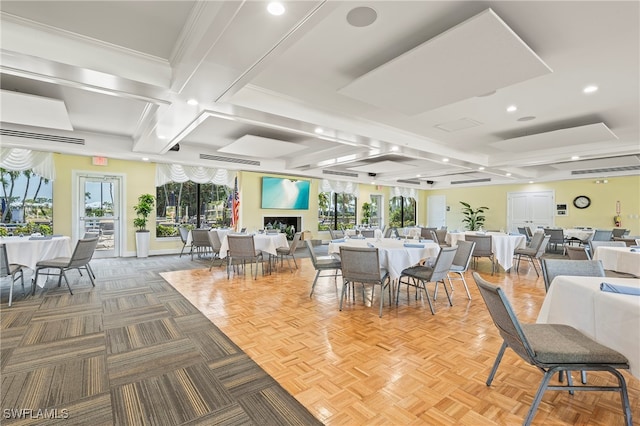 dining area with ornamental molding, beamed ceiling, coffered ceiling, and parquet flooring