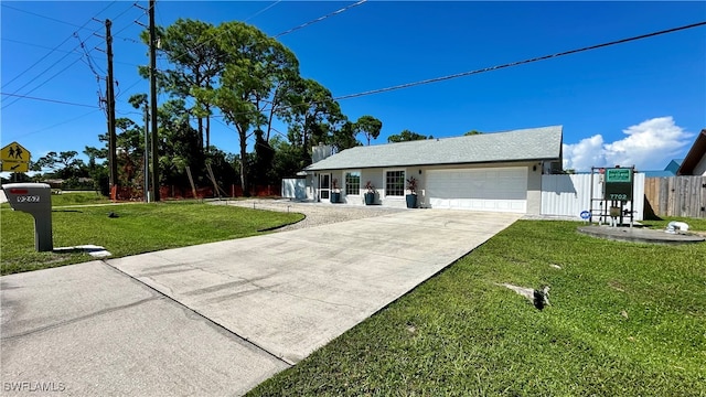 ranch-style home with a garage and a front yard