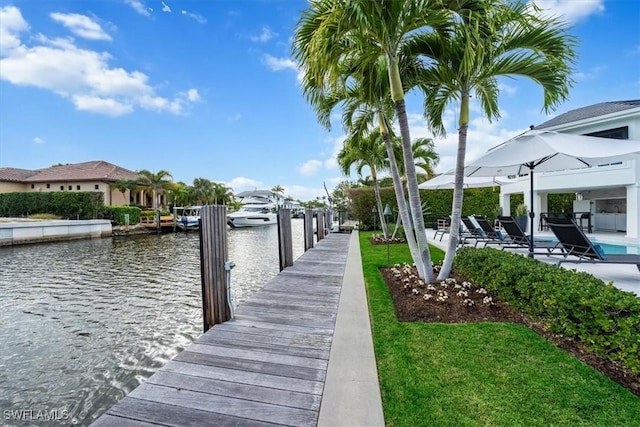 dock area featuring a water view and a yard