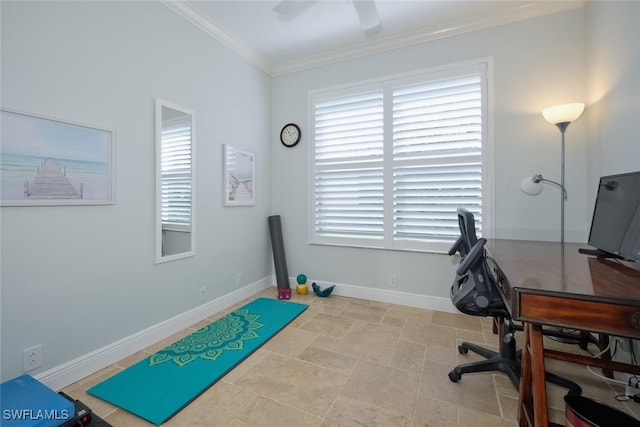 office space featuring ornamental molding and ceiling fan