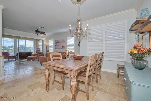 dining space featuring ornamental molding and ceiling fan with notable chandelier