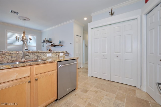 kitchen with sink, an inviting chandelier, ornamental molding, light brown cabinetry, and stainless steel dishwasher