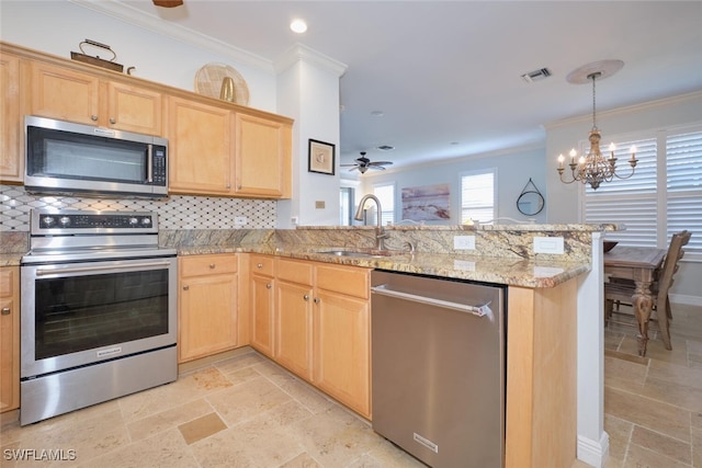 kitchen with appliances with stainless steel finishes, decorative backsplash, kitchen peninsula, crown molding, and sink