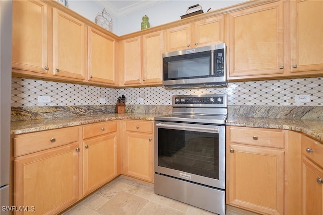 kitchen with light stone countertops, appliances with stainless steel finishes, tasteful backsplash, and crown molding