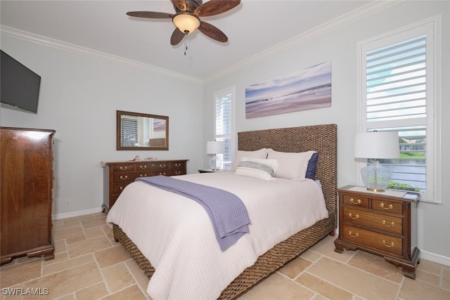 bedroom featuring ceiling fan, crown molding, and multiple windows