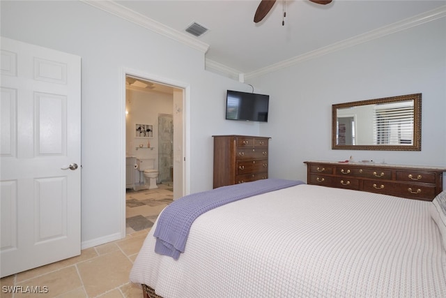 bedroom featuring crown molding, connected bathroom, and ceiling fan