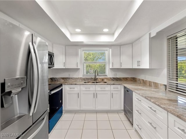 kitchen with a wealth of natural light, sink, white cabinetry, a raised ceiling, and appliances with stainless steel finishes