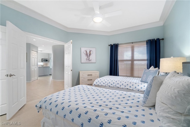 tiled bedroom with ceiling fan and ornamental molding