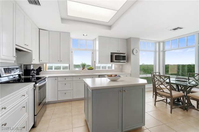 kitchen with stainless steel appliances, light tile patterned floors, gray cabinets, a tray ceiling, and a center island