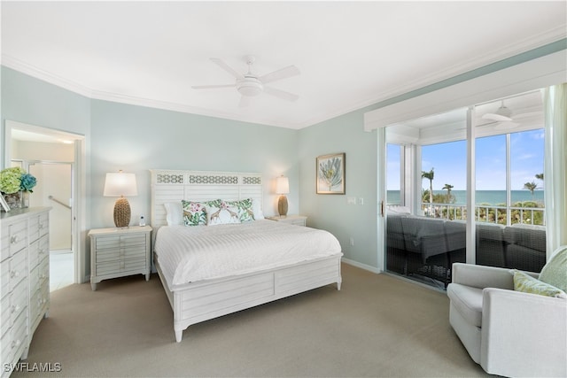 carpeted bedroom featuring ceiling fan, a water view, crown molding, and access to outside