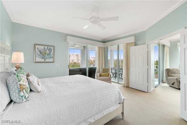 carpeted bedroom with ceiling fan, crown molding, and access to outside