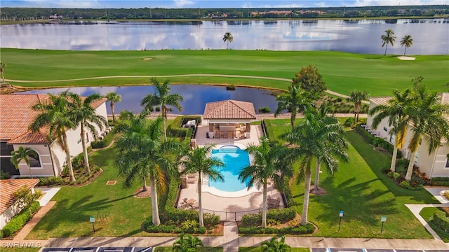 aerial view featuring a water view