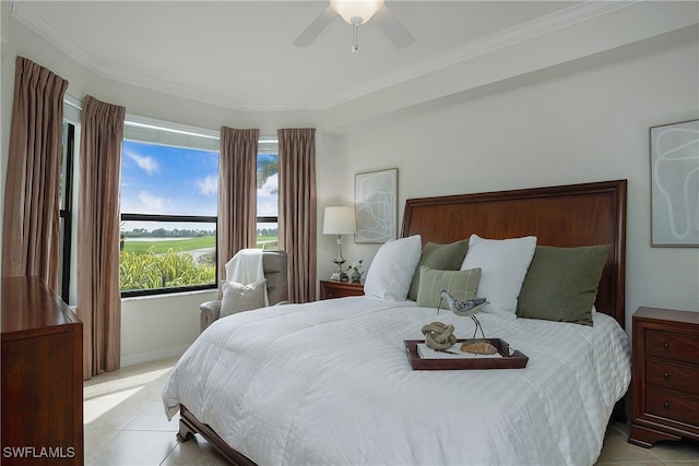 tiled bedroom featuring ceiling fan and ornamental molding