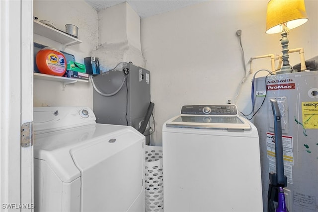 laundry area with a textured ceiling, electric water heater, and independent washer and dryer