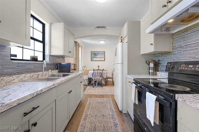 kitchen featuring white refrigerator, backsplash, black range with electric cooktop, light hardwood / wood-style flooring, and sink