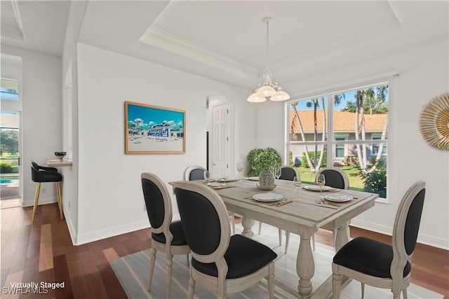 dining area featuring a raised ceiling, dark hardwood / wood-style floors, and ornamental molding