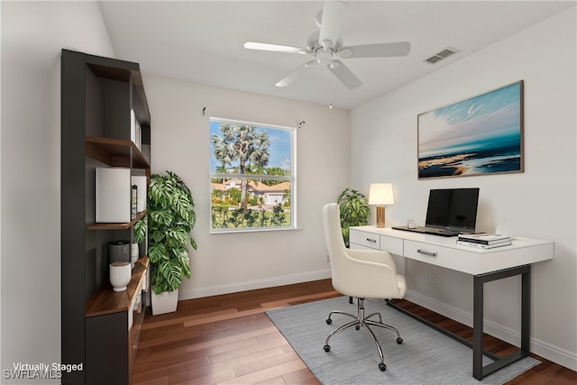 office area featuring ceiling fan and dark hardwood / wood-style flooring