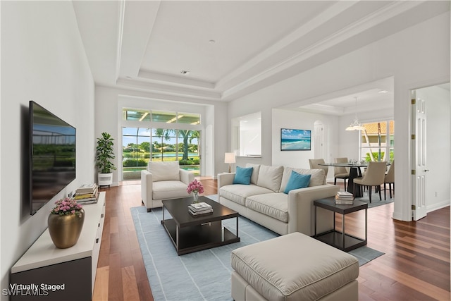 living room with wood-type flooring, a tray ceiling, and a healthy amount of sunlight