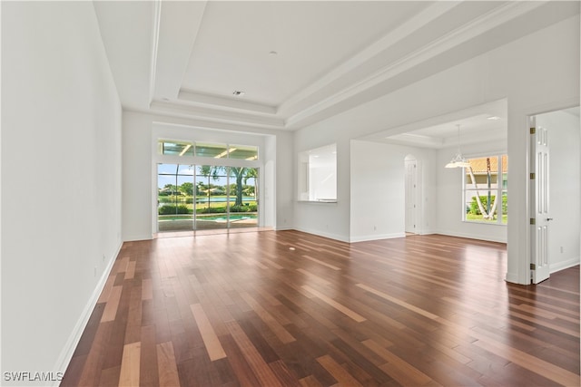 unfurnished living room featuring a tray ceiling and dark wood-type flooring