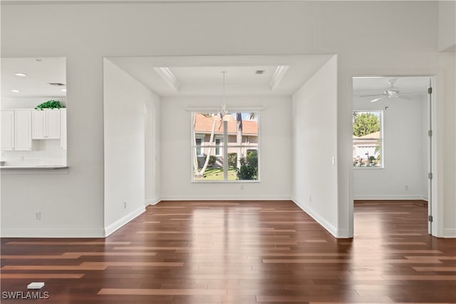 unfurnished dining area with a tray ceiling, dark hardwood / wood-style flooring, and a wealth of natural light