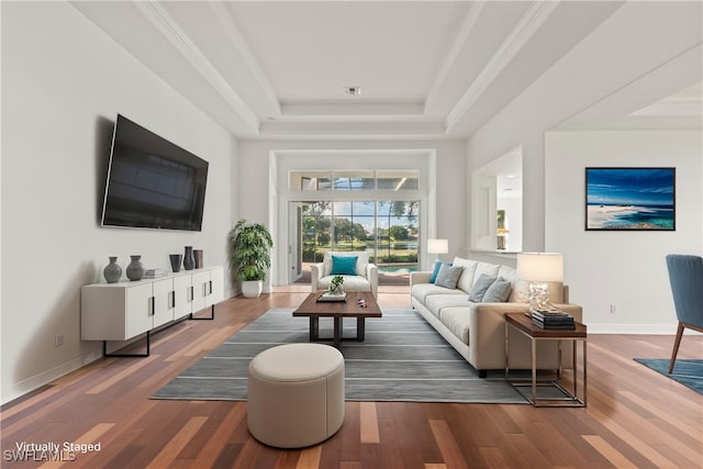 living room featuring a raised ceiling, crown molding, and hardwood / wood-style floors