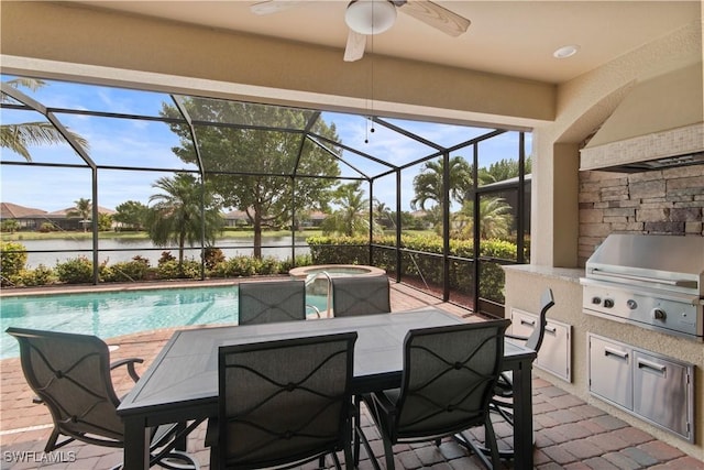 view of swimming pool featuring a patio, a water view, area for grilling, and glass enclosure