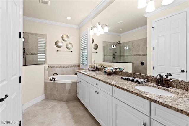 bathroom with crown molding, vanity, and independent shower and bath