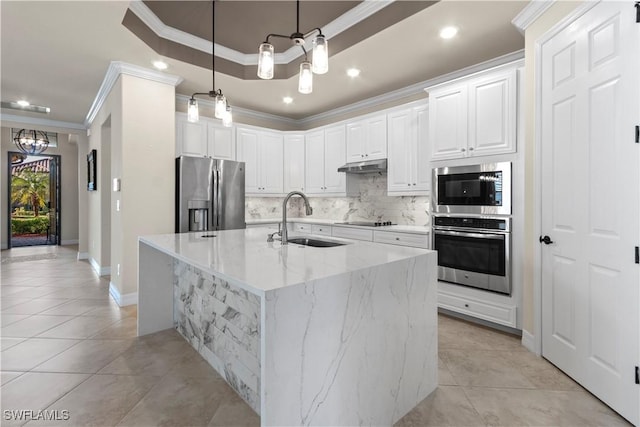 kitchen with a raised ceiling, white cabinetry, sink, a kitchen island with sink, and stainless steel appliances