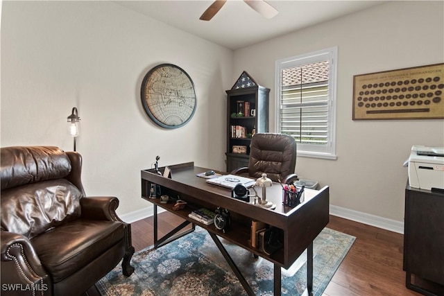 office featuring dark wood-type flooring and ceiling fan