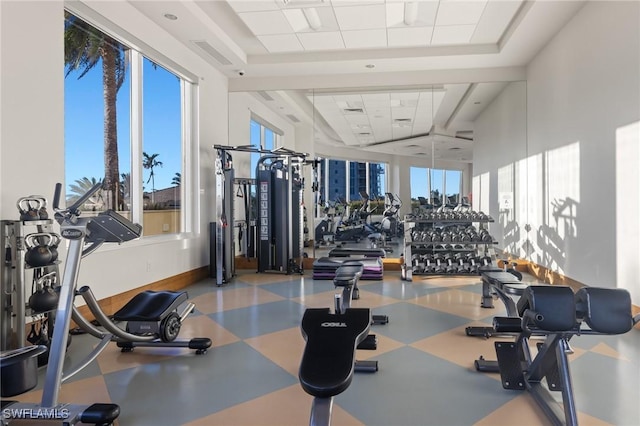 workout area featuring a raised ceiling