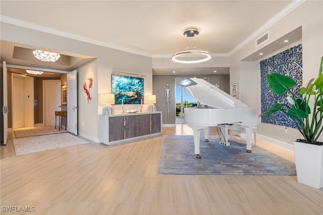 interior space with ornamental molding and a chandelier