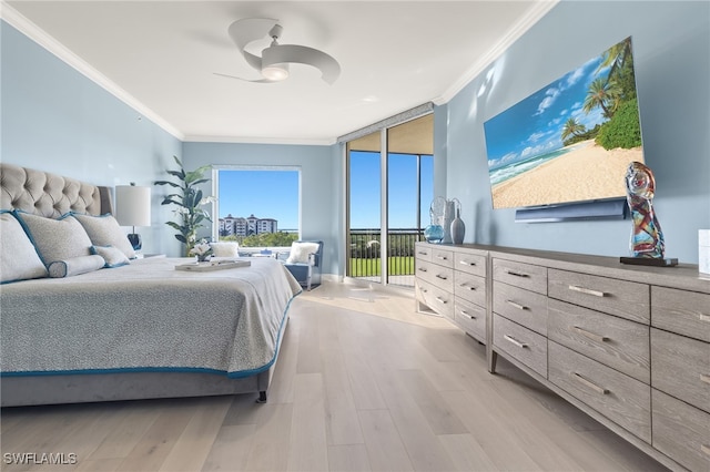 bedroom featuring access to exterior, ceiling fan, light hardwood / wood-style flooring, and ornamental molding