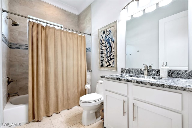 full bathroom featuring shower / tub combo, tile patterned flooring, vanity, and toilet