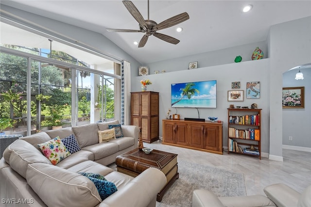 living room featuring lofted ceiling and ceiling fan