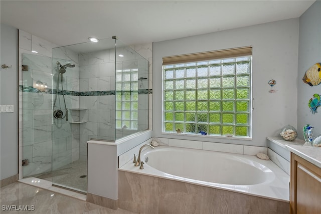 bathroom with vanity and plus walk in shower