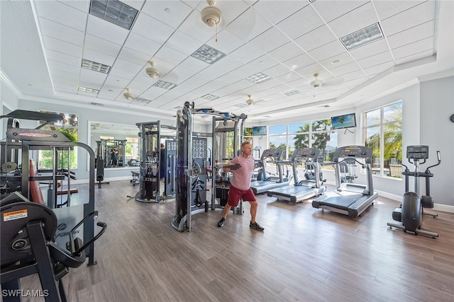 gym featuring ornamental molding, a tray ceiling, ceiling fan, and hardwood / wood-style flooring