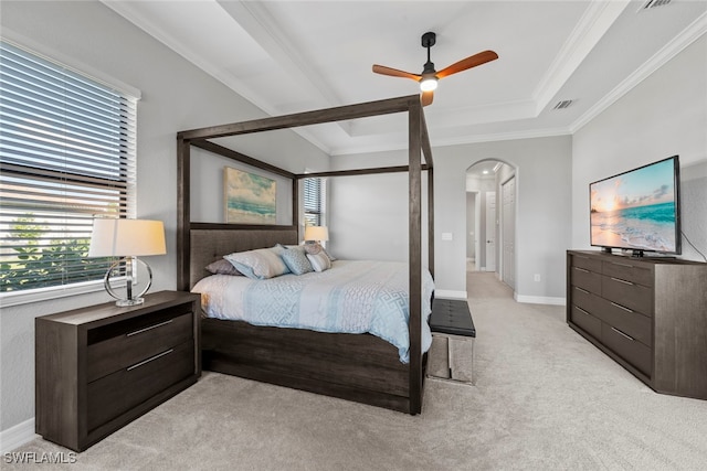 carpeted bedroom featuring ornamental molding, a raised ceiling, and ceiling fan