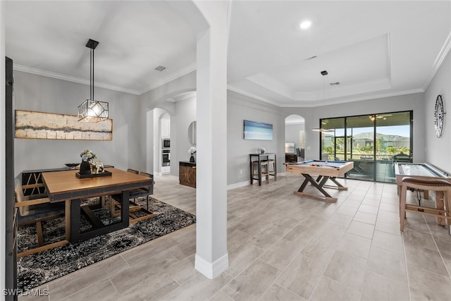 recreation room with pool table and crown molding