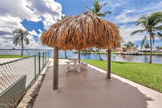 view of patio / terrace featuring a water view