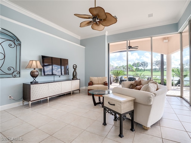 tiled living room featuring a healthy amount of sunlight, crown molding, and ceiling fan