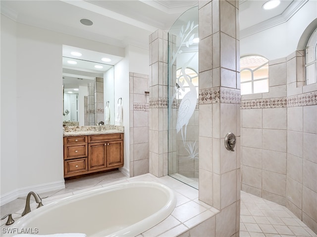 bathroom with vanity, plus walk in shower, and crown molding