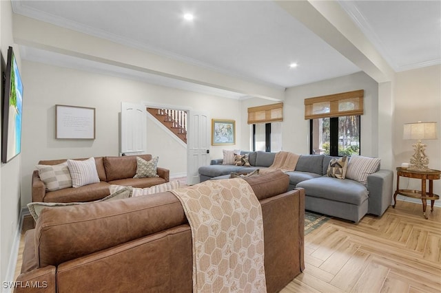 living room featuring recessed lighting, ornamental molding, beamed ceiling, baseboards, and stairs