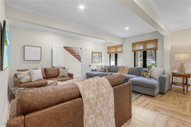 3628 Heritage Ln, Fort Myers, FL 33908 - living room featuring recessed lighting, ornamental molding, baseboards, and stairway