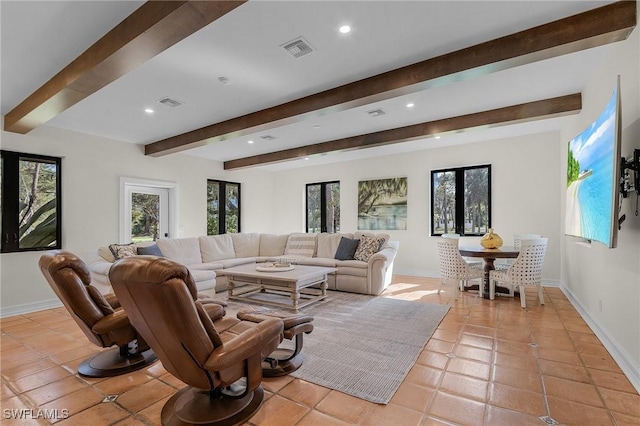 3628 Heritage Ln, Fort Myers, FL 33908 - living area featuring recessed lighting, baseboards, light tile patterned floors, beamed ceiling, and visible vents