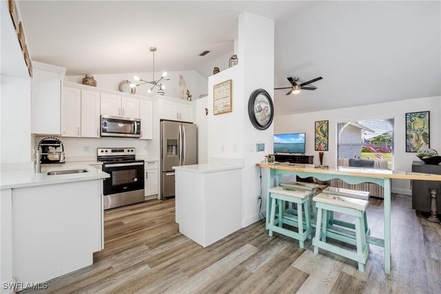 kitchen featuring lofted ceiling, white cabinets, sink, appliances with stainless steel finishes, and kitchen peninsula