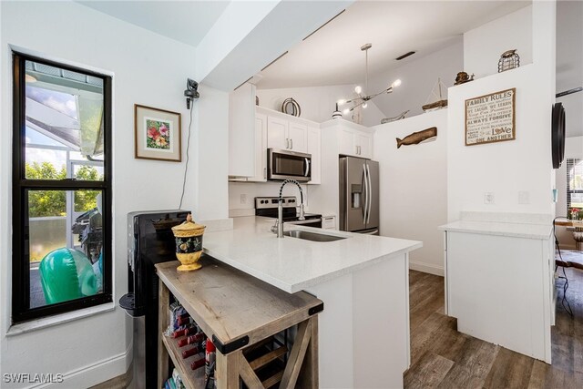 kitchen with kitchen peninsula, appliances with stainless steel finishes, dark hardwood / wood-style flooring, hanging light fixtures, and lofted ceiling