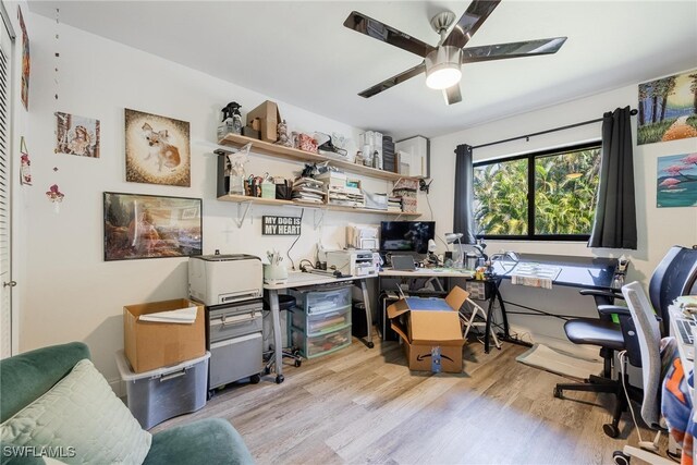 office area with ceiling fan, built in desk, and light wood-type flooring