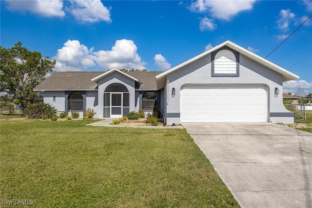 ranch-style home featuring a garage and a front yard